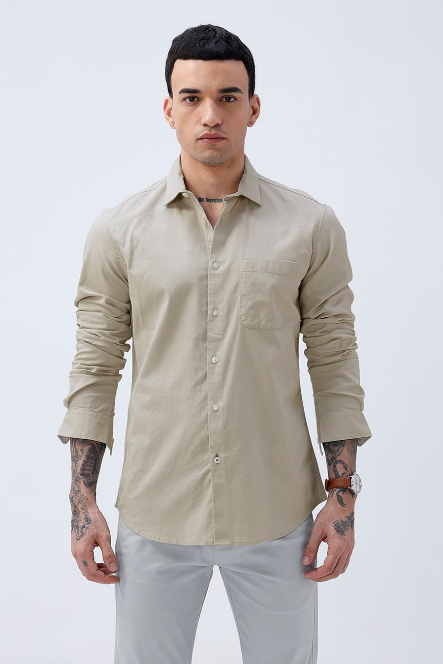 BASICS SLIM FIT NAVY COTTON SLUB DOBBY SHIRT