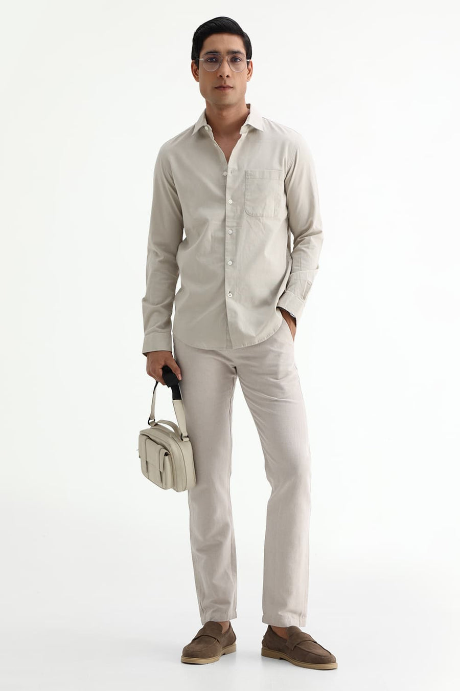 BASICS SLIM FIT NAVY COTTON SLUB DOBBY SHIRT