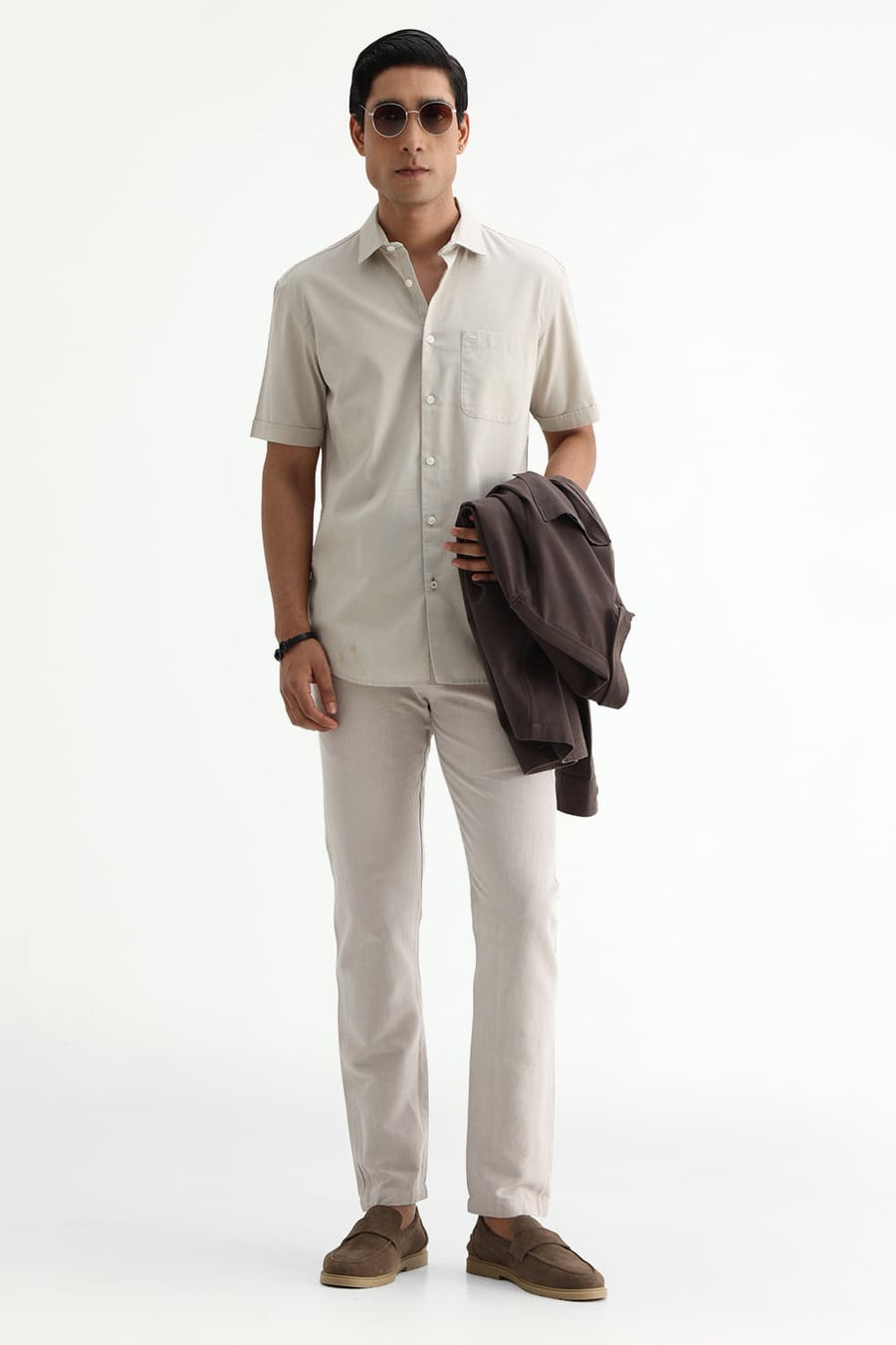 BASICS SLIM FIT NAVY COTTON SLUB DOBBY HALFSLEEVES SHIRT