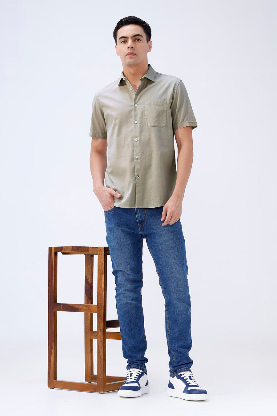 BASICS SLIM FIT NAVY COTTON SLUB DOBBY HALFSLEEVES SHIRT