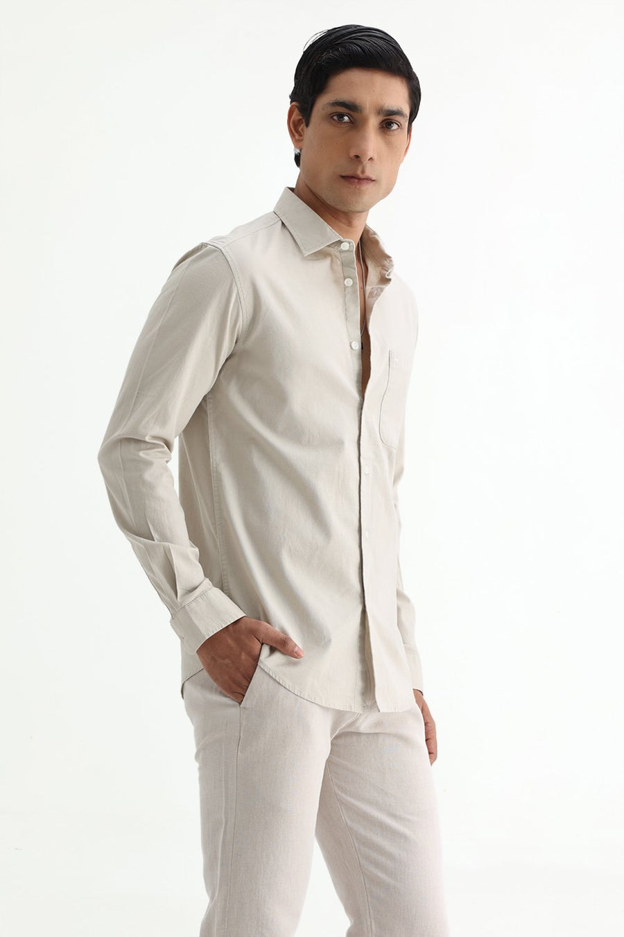 BASICS SLIM FIT NAVY COTTON SLUB DOBBY SHIRT