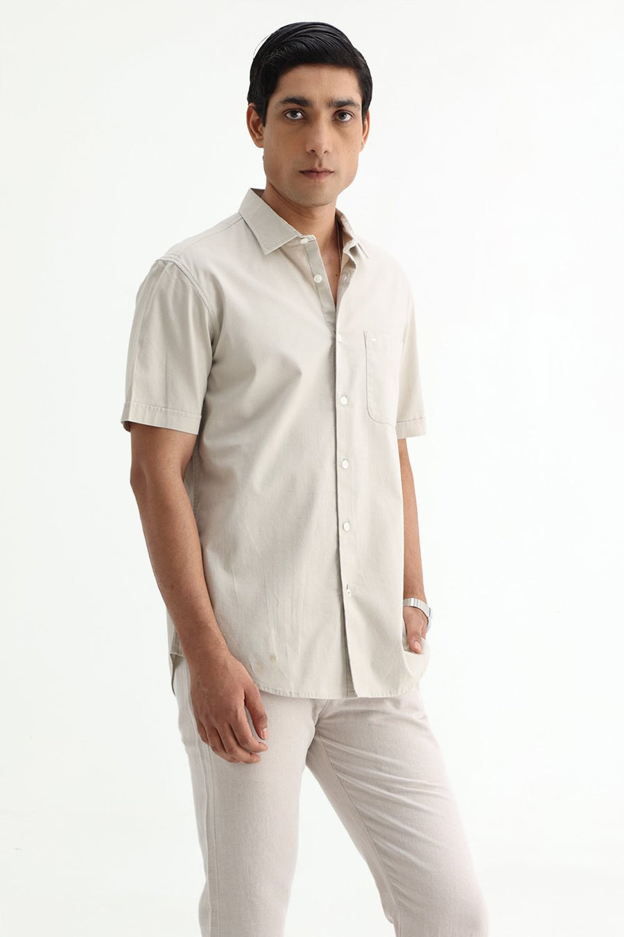 BASICS SLIM FIT NAVY COTTON SLUB DOBBY HALFSLEEVES SHIRT