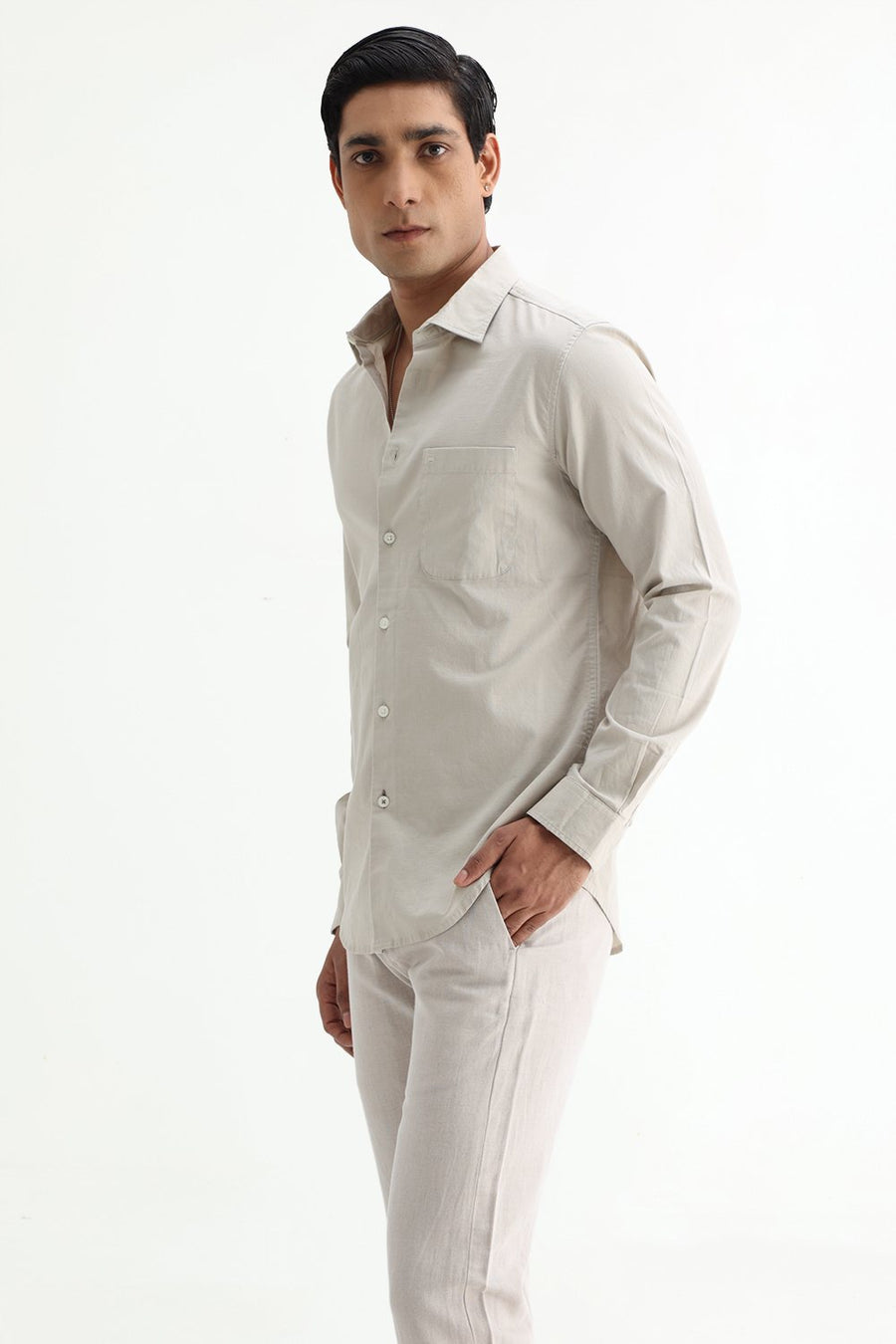 BASICS SLIM FIT NAVY COTTON SLUB DOBBY SHIRT