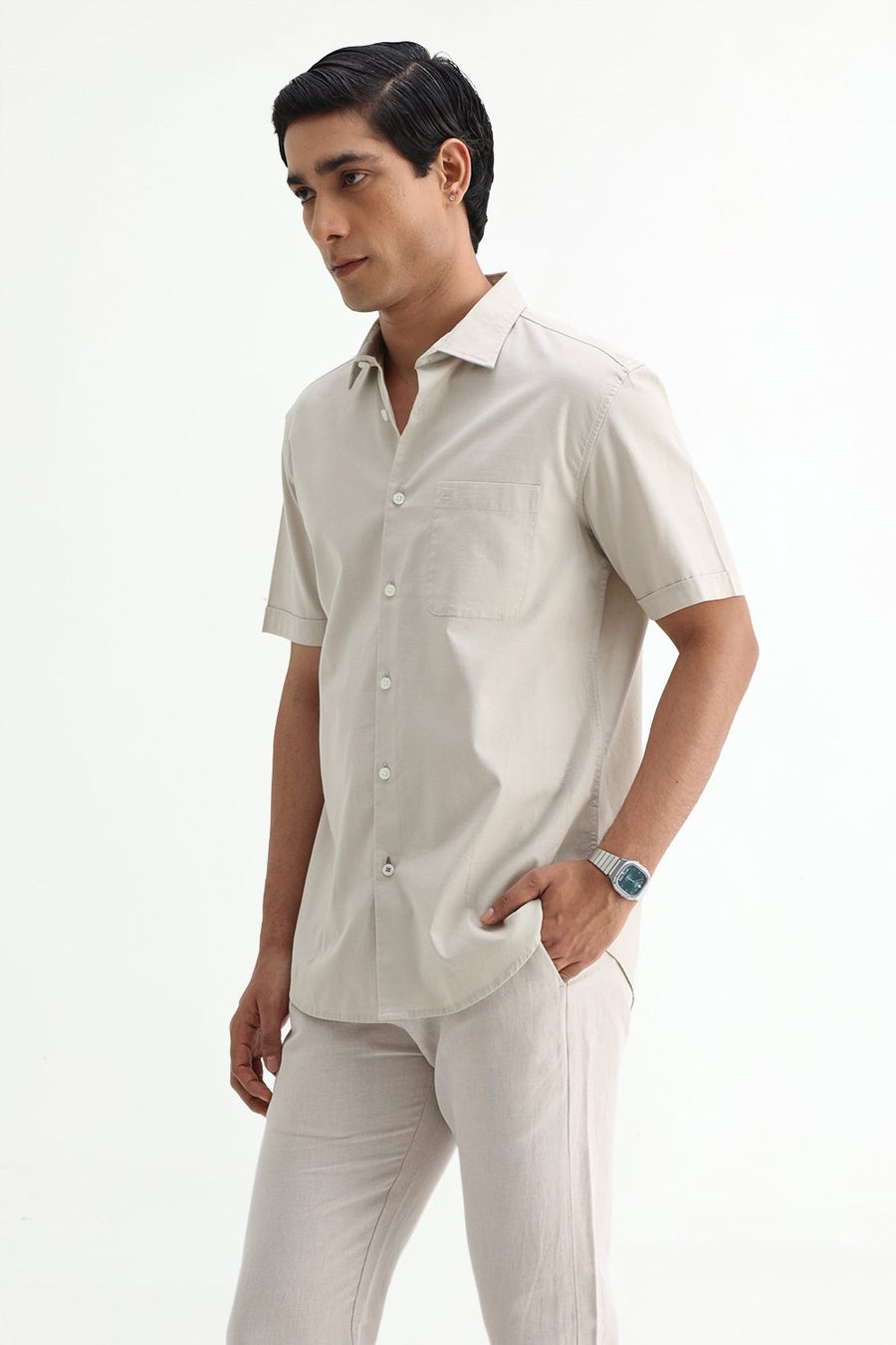 BASICS SLIM FIT NAVY COTTON SLUB DOBBY HALFSLEEVES SHIRT