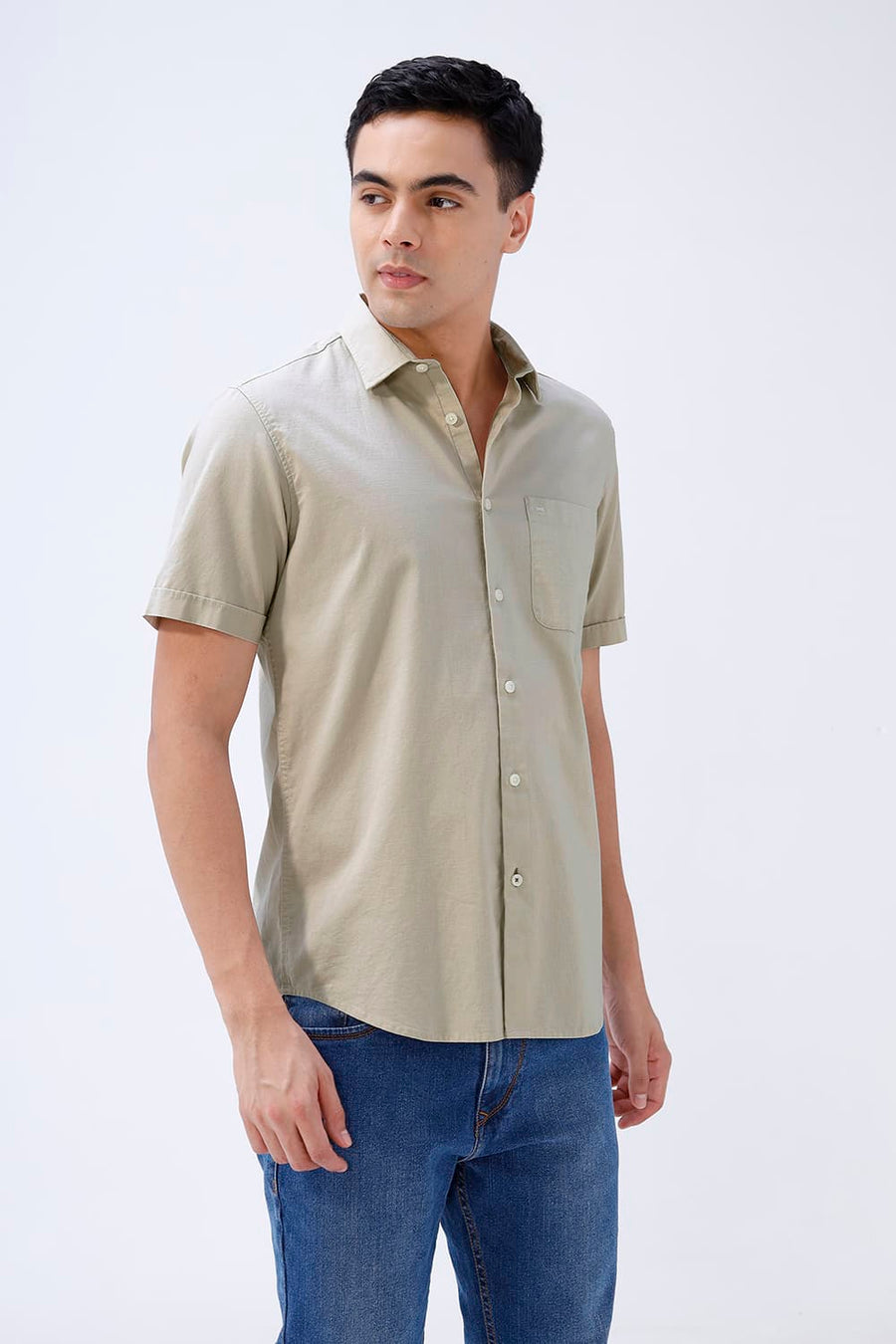 BASICS SLIM FIT NAVY COTTON SLUB DOBBY HALFSLEEVES SHIRT