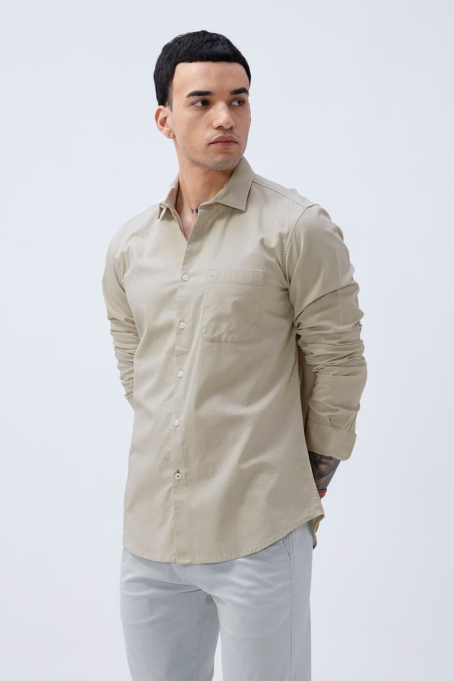 BASICS SLIM FIT NAVY COTTON SLUB DOBBY SHIRT