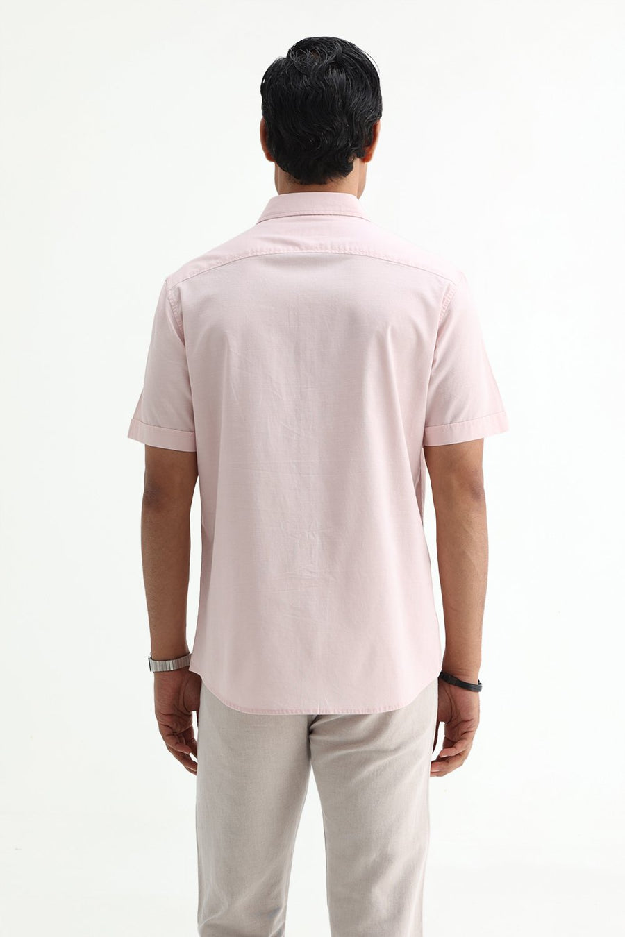BASICS SLIM FIT BROWN COTTON SLUB DOBBY HALFSLEEVES SHIRT
