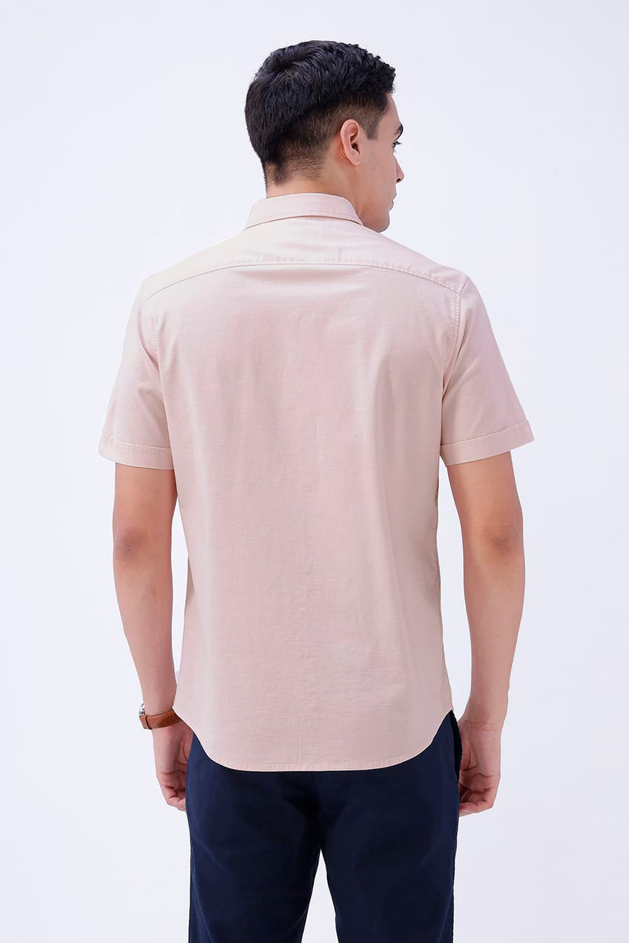 BASICS SLIM FIT BROWN COTTON SLUB DOBBY HALFSLEEVES SHIRT