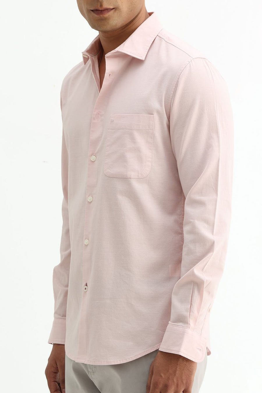 BASICS SLIM FIT BROWN COTTON SLUB DOBBY SHIRT