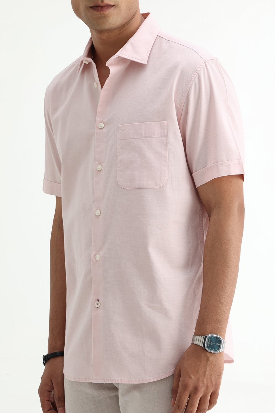 BASICS SLIM FIT BROWN COTTON SLUB DOBBY HALFSLEEVES SHIRT