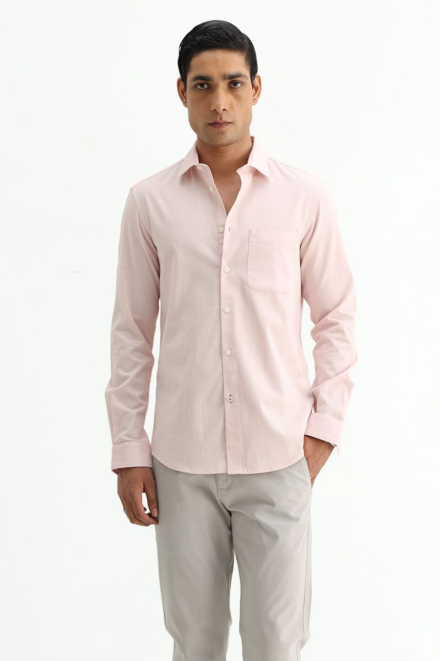BASICS SLIM FIT BROWN COTTON SLUB DOBBY SHIRT