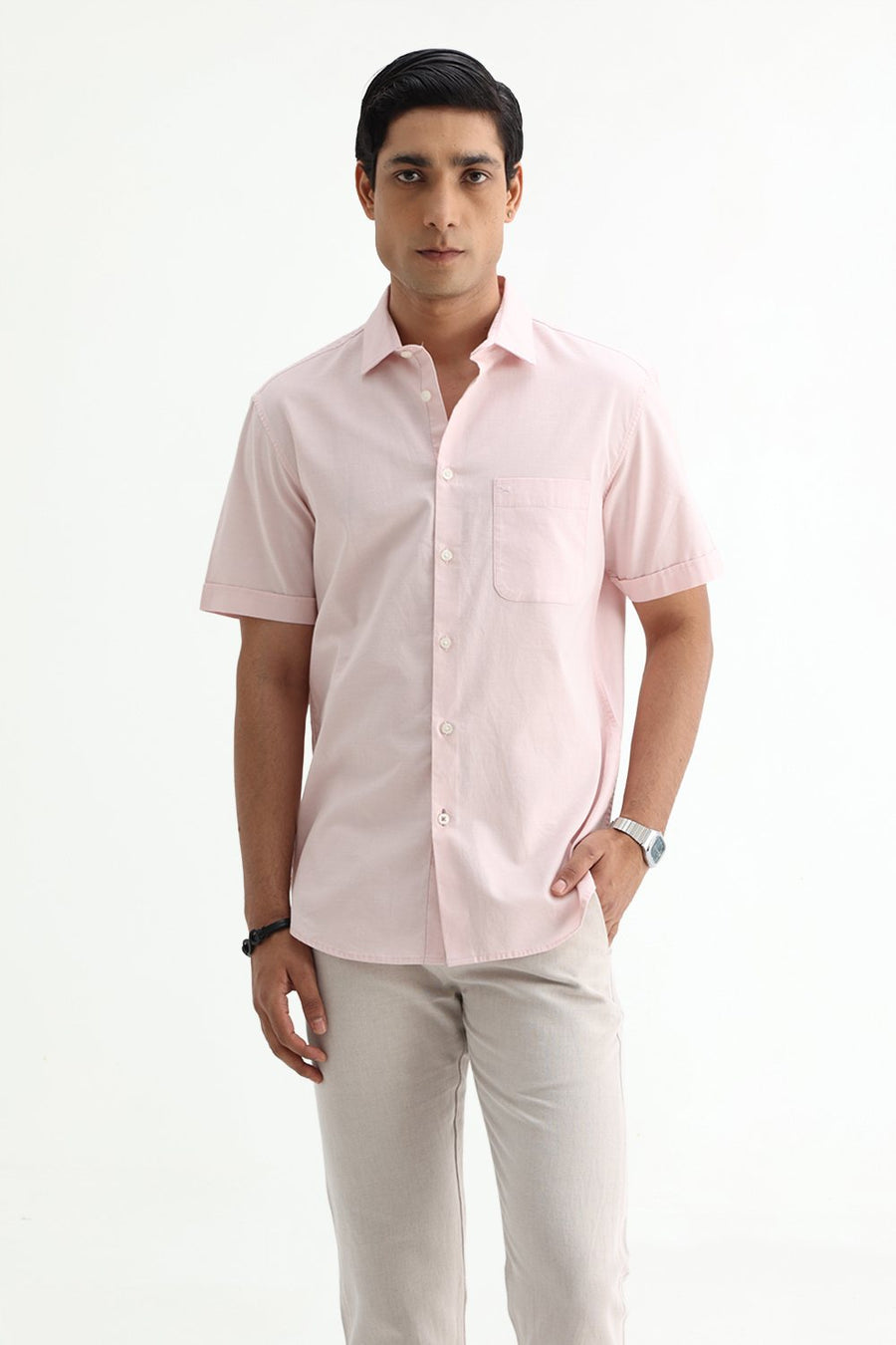 BASICS SLIM FIT BROWN COTTON SLUB DOBBY HALFSLEEVES SHIRT
