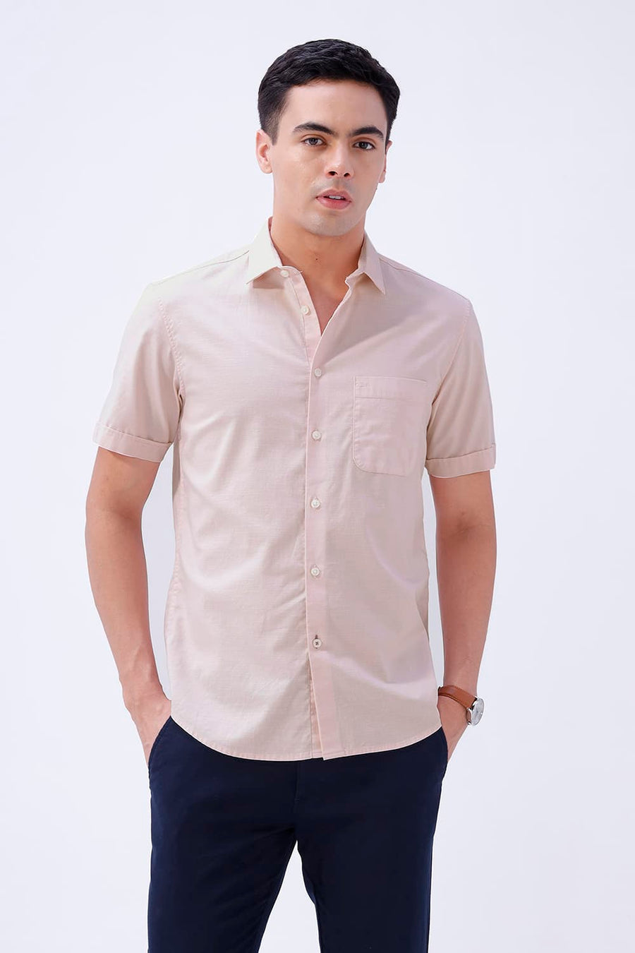 BASICS SLIM FIT BROWN COTTON SLUB DOBBY HALFSLEEVES SHIRT