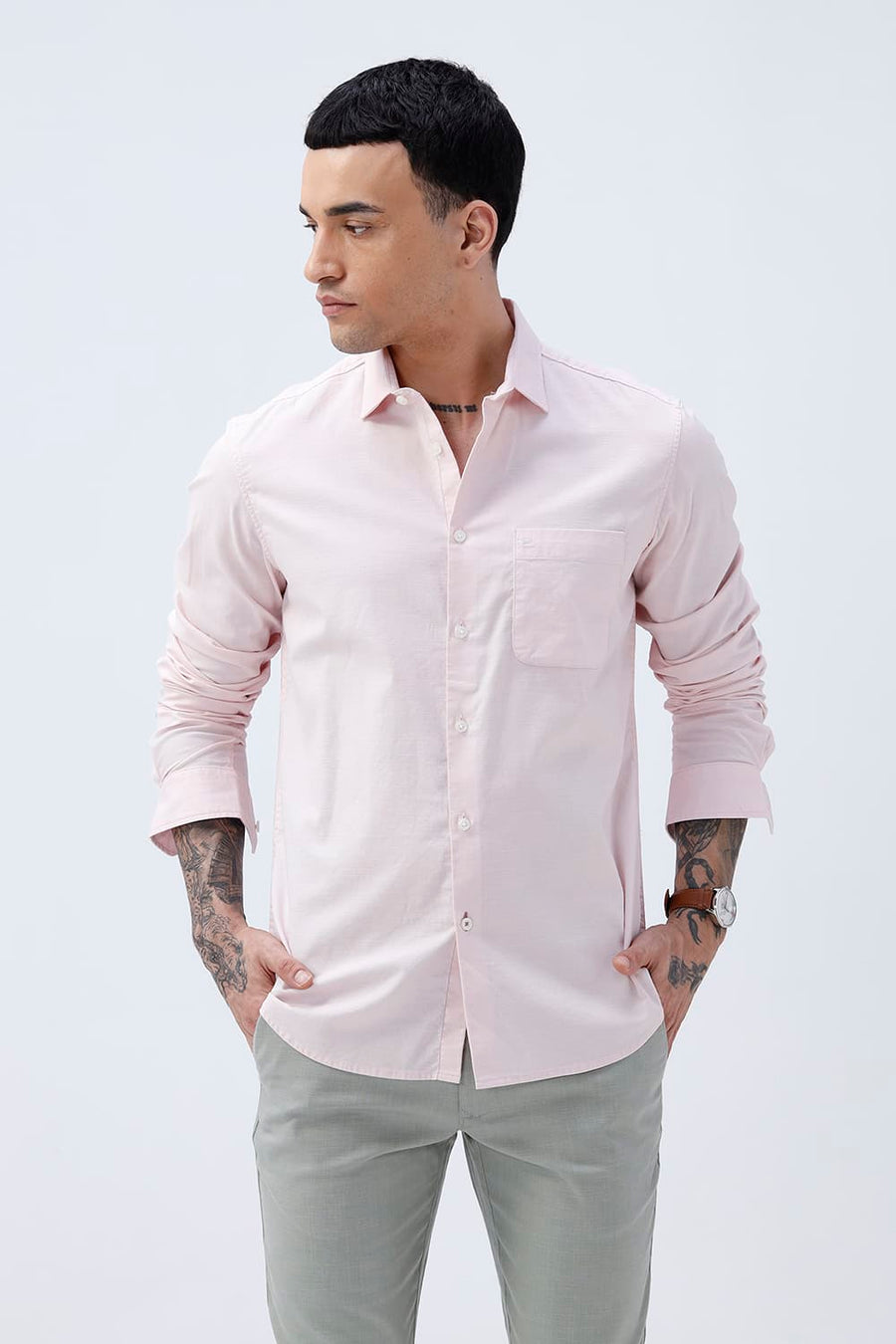 BASICS SLIM FIT BROWN COTTON SLUB DOBBY SHIRT