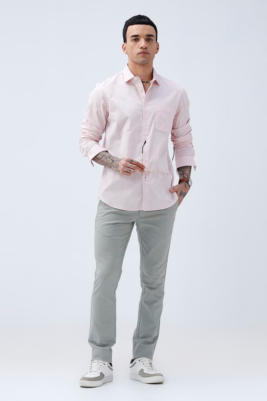 BASICS SLIM FIT BROWN COTTON SLUB DOBBY SHIRT