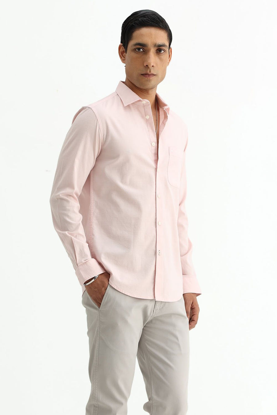BASICS SLIM FIT BROWN COTTON SLUB DOBBY SHIRT