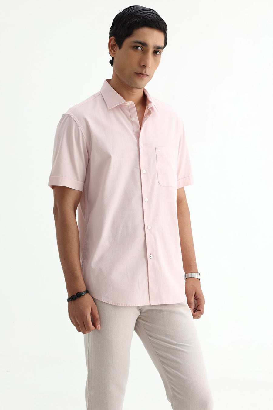 BASICS SLIM FIT BROWN COTTON SLUB DOBBY HALFSLEEVES SHIRT