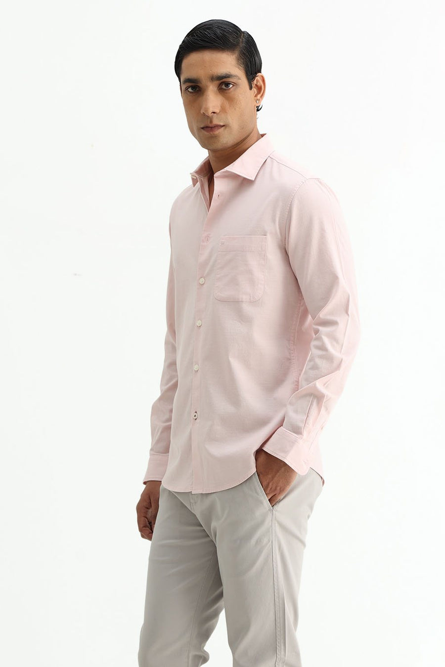 BASICS SLIM FIT BROWN COTTON SLUB DOBBY SHIRT