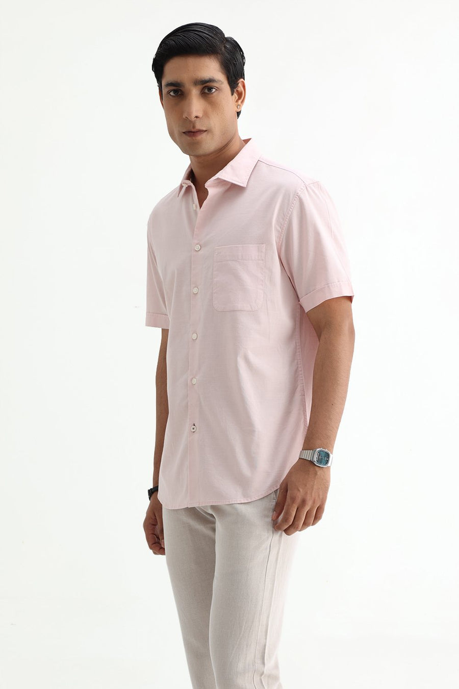 BASICS SLIM FIT BROWN COTTON SLUB DOBBY HALFSLEEVES SHIRT