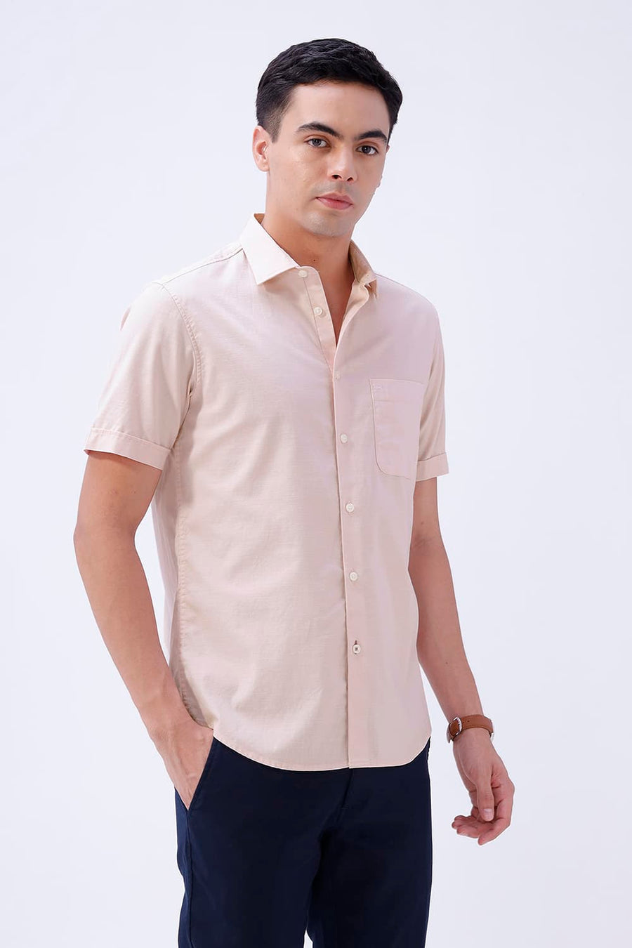 BASICS SLIM FIT BROWN COTTON SLUB DOBBY HALFSLEEVES SHIRT