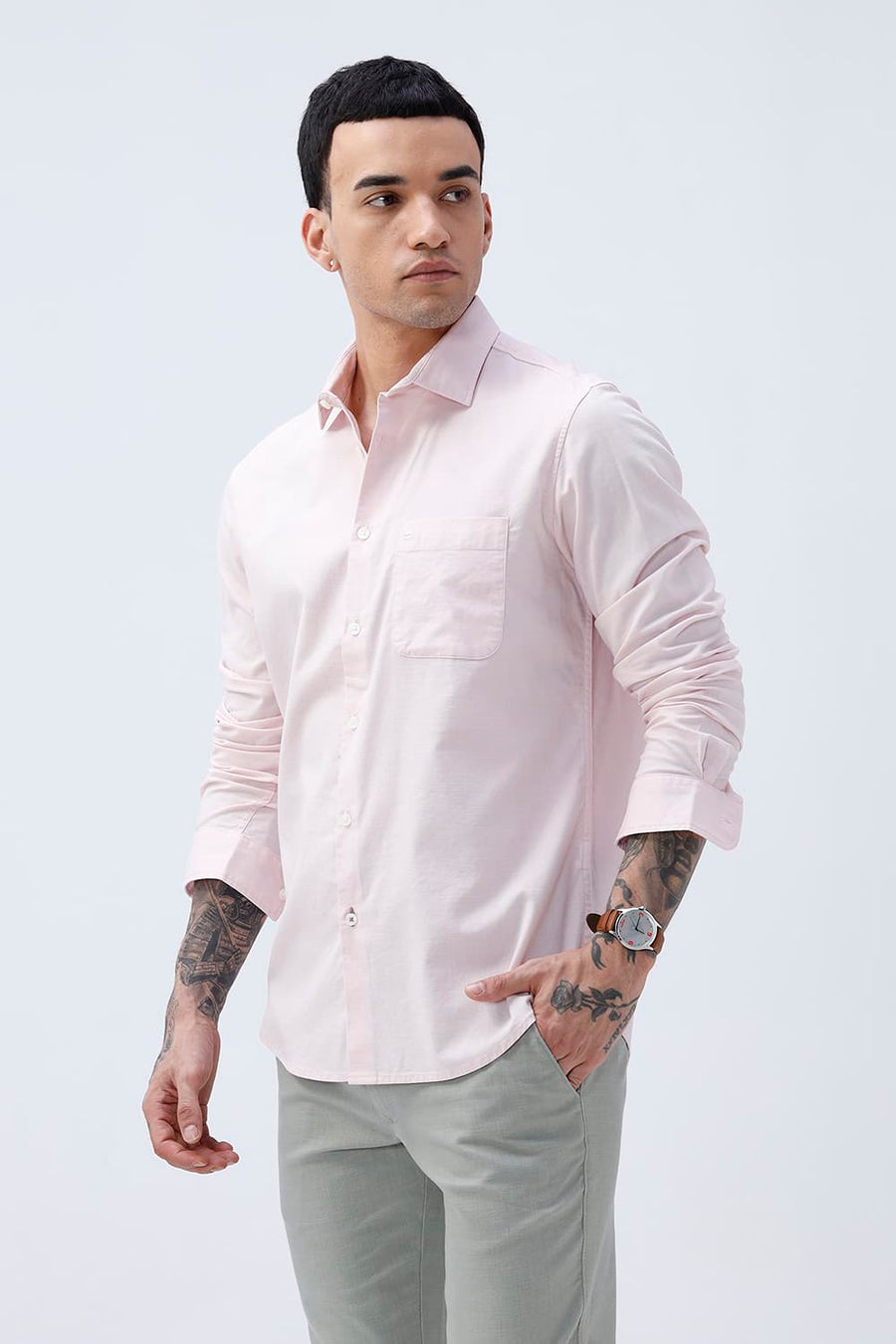 BASICS SLIM FIT BROWN COTTON SLUB DOBBY SHIRT