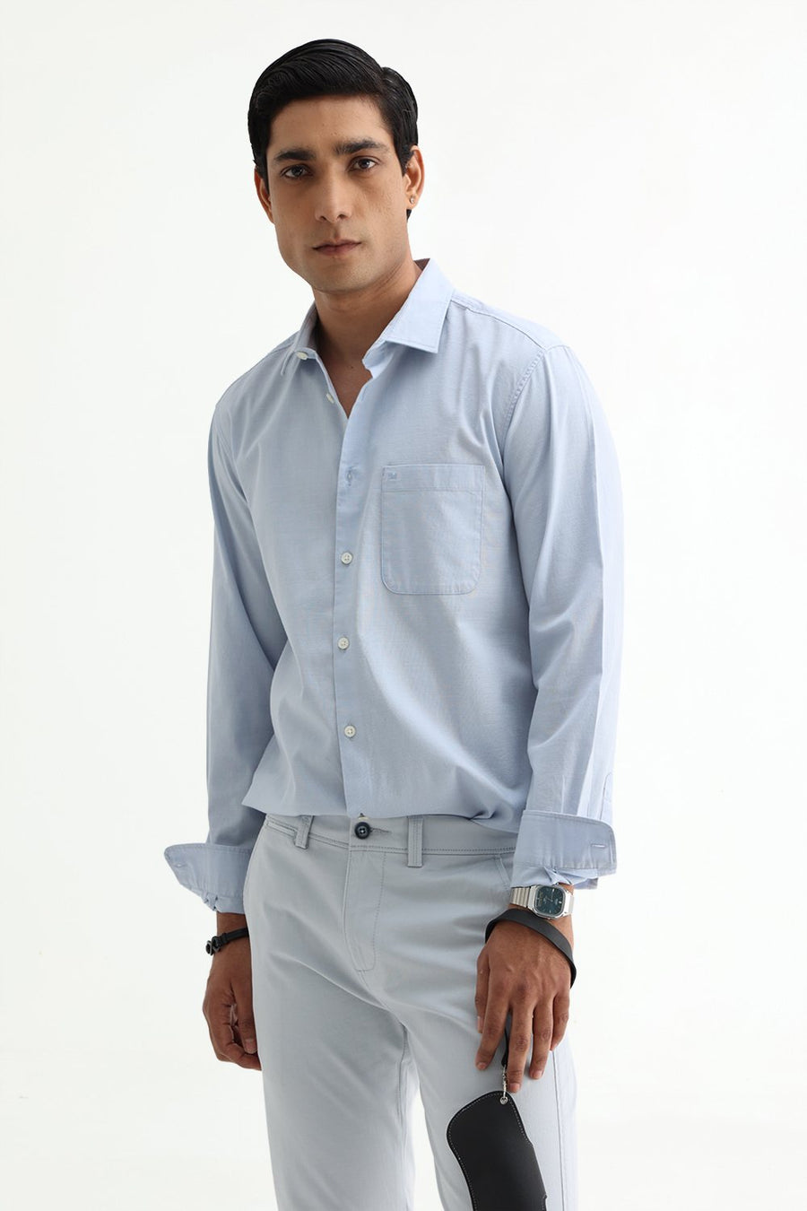 BASICS SLIM FIT BLACK COTTON SLUB DOBBY SHIRT