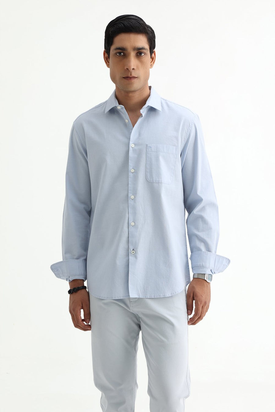 BASICS SLIM FIT BLACK COTTON SLUB DOBBY SHIRT