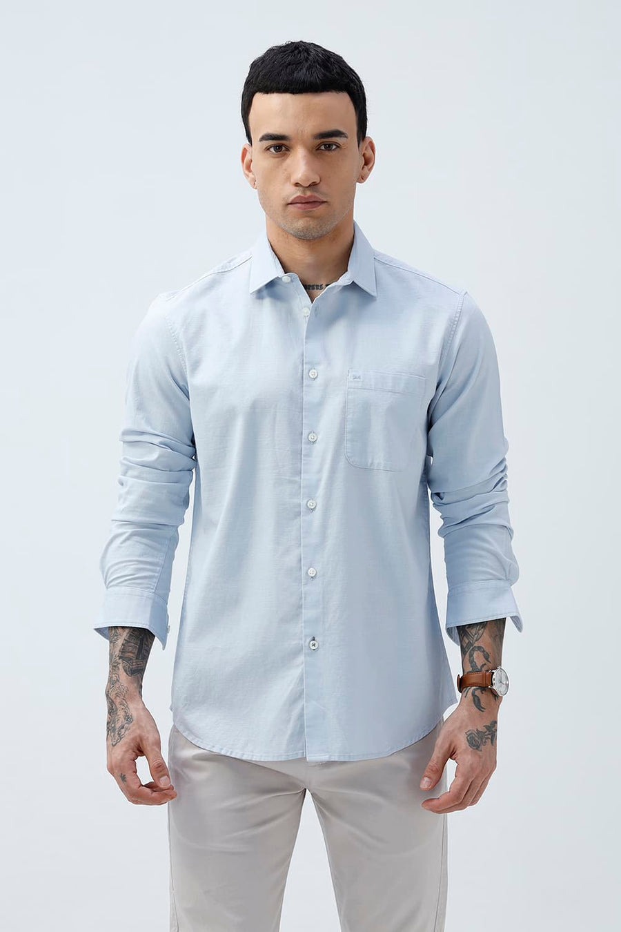 BASICS SLIM FIT BLACK COTTON SLUB DOBBY SHIRT