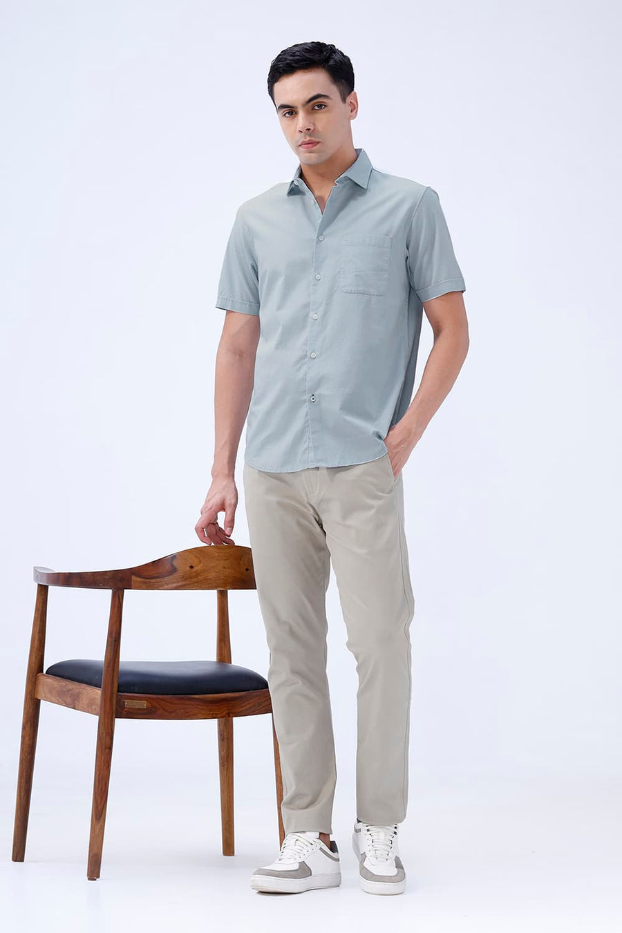 BASICS SLIM FIT BLACK COTTON SLUB DOBBY HALFSLEEVES SHIRT