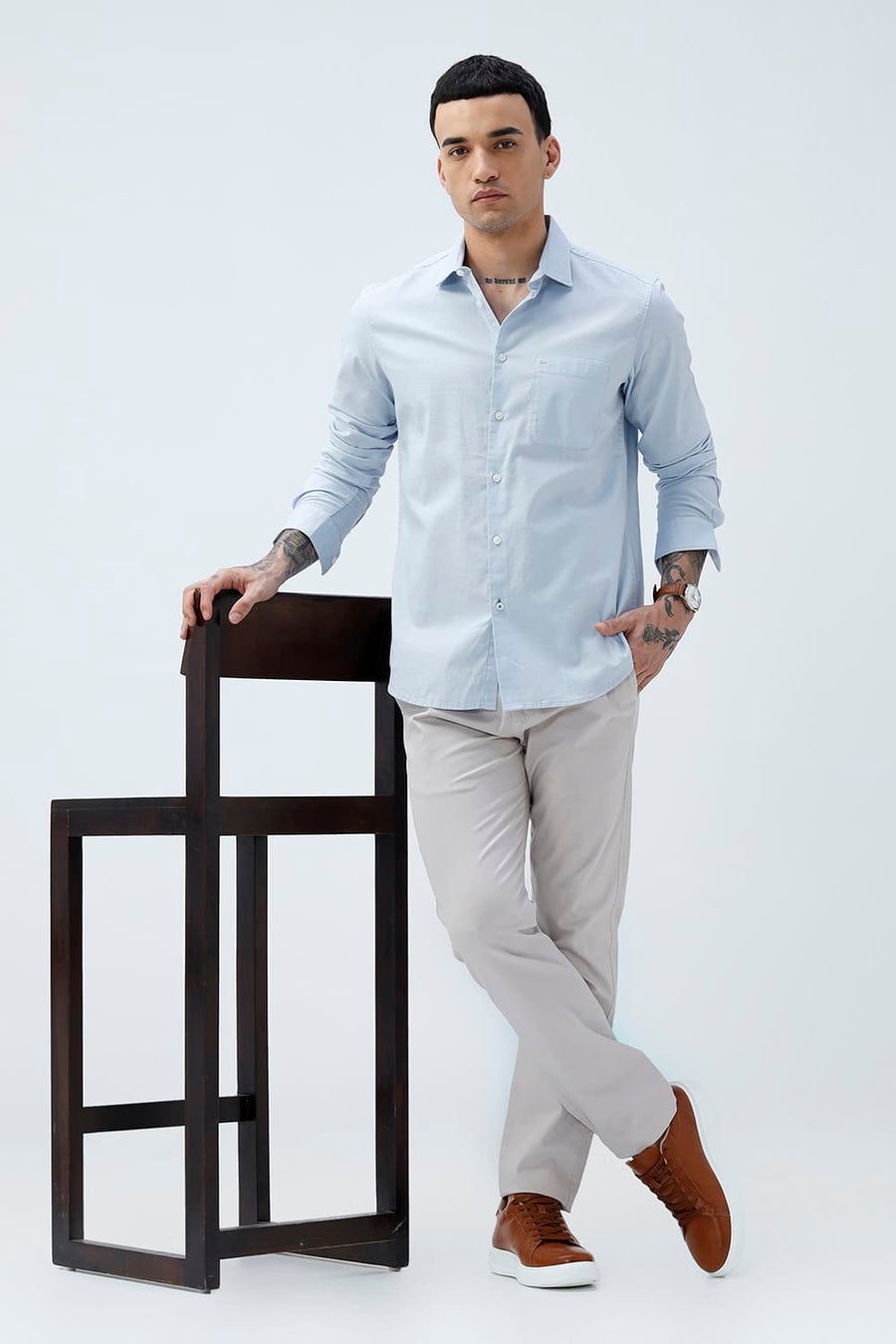 BASICS SLIM FIT BLACK COTTON SLUB DOBBY SHIRT
