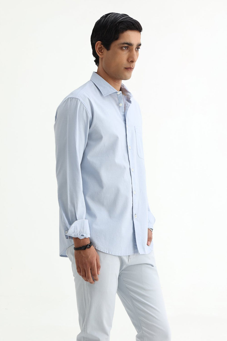 BASICS SLIM FIT BLACK COTTON SLUB DOBBY SHIRT