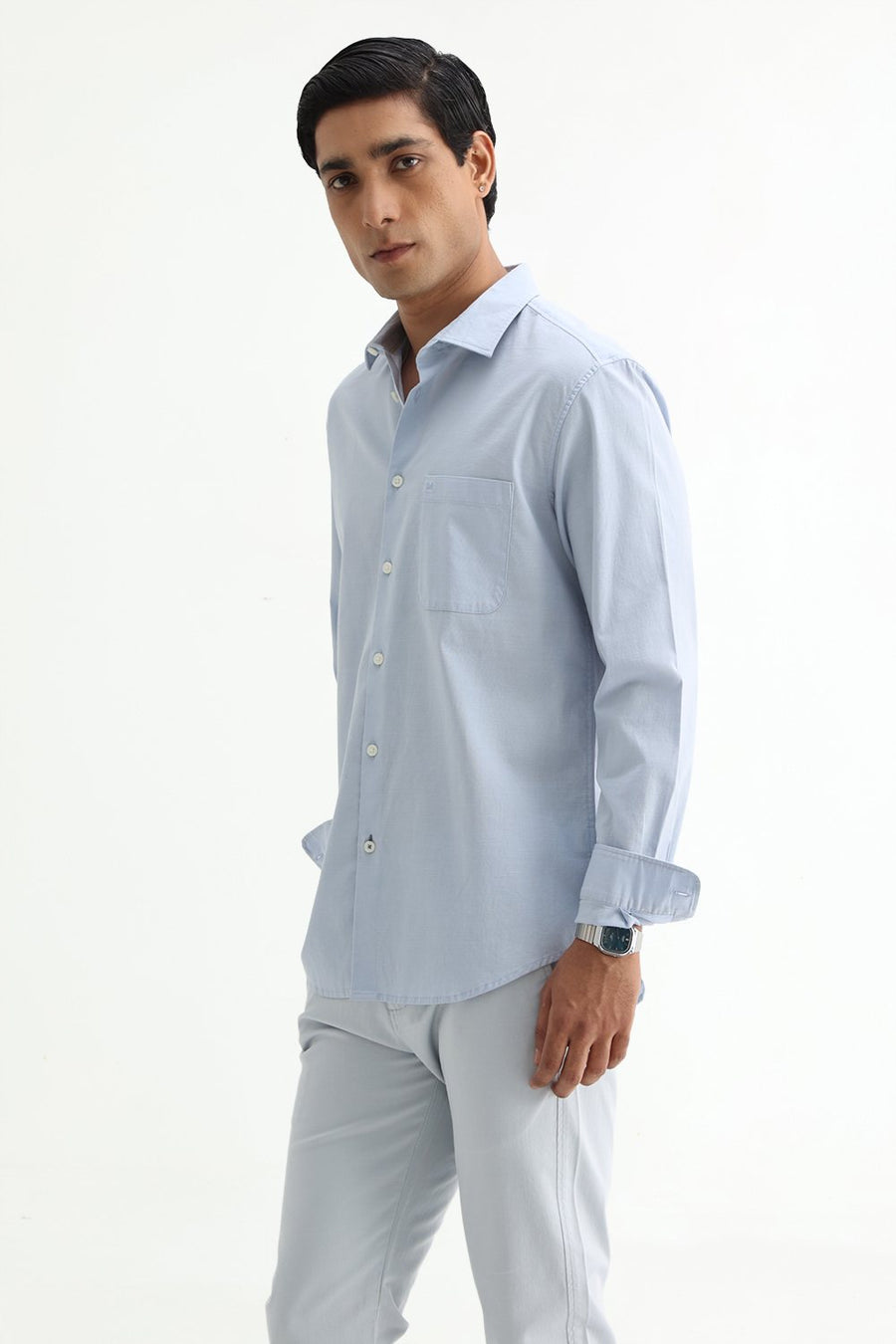 BASICS SLIM FIT BLACK COTTON SLUB DOBBY SHIRT