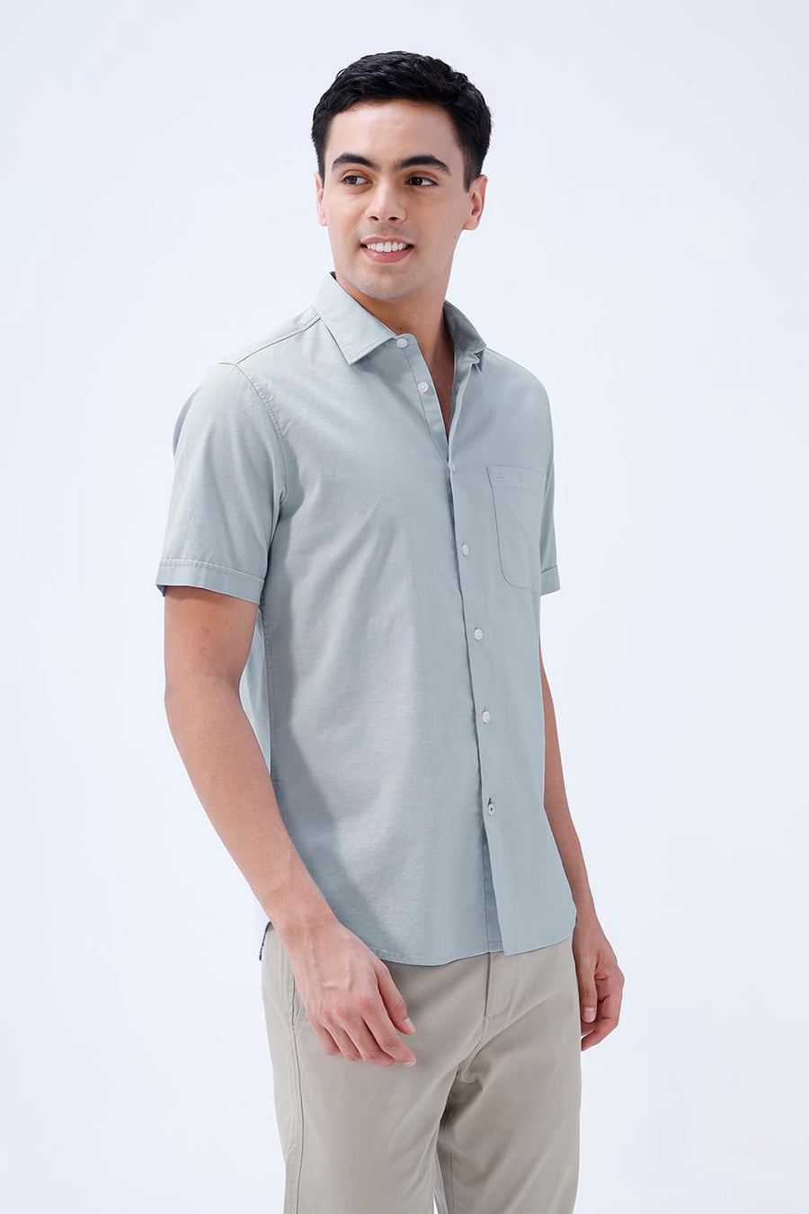 BASICS SLIM FIT BLACK COTTON SLUB DOBBY HALFSLEEVES SHIRT