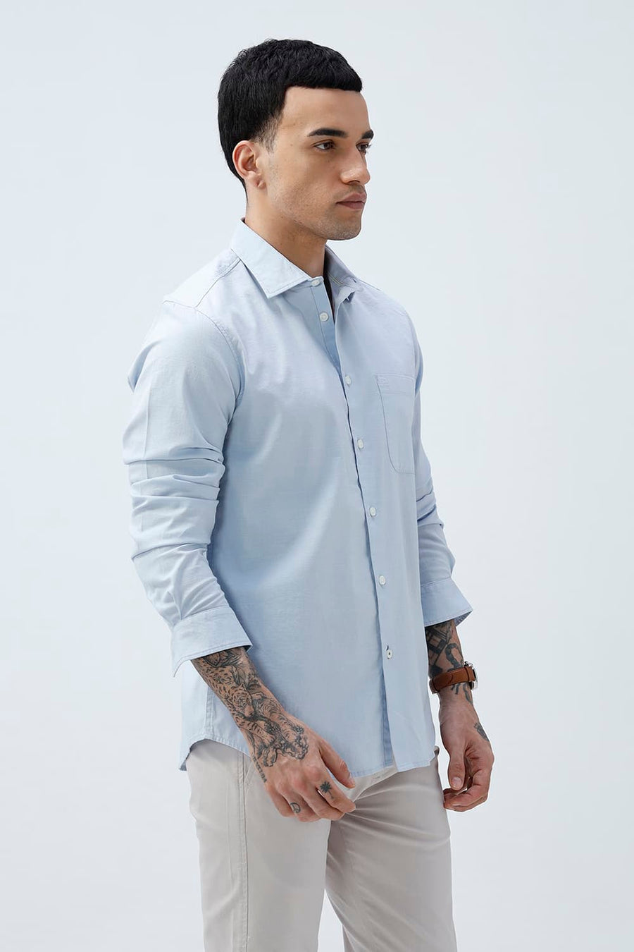 BASICS SLIM FIT BLACK COTTON SLUB DOBBY SHIRT