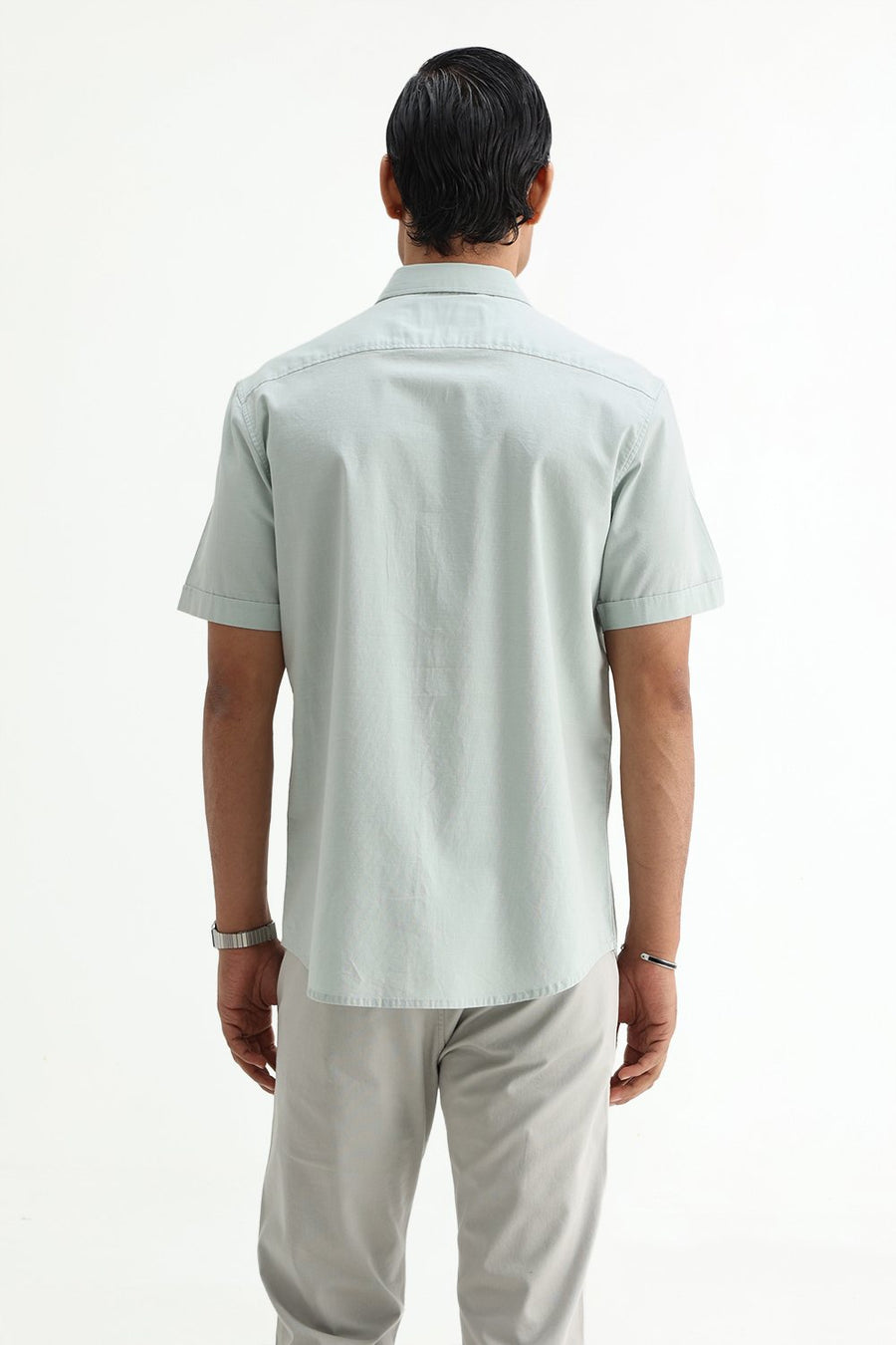 BASICS SLIM FIT BROWN COTTON SLUB DOBBY HALFSLEEVES SHIRT