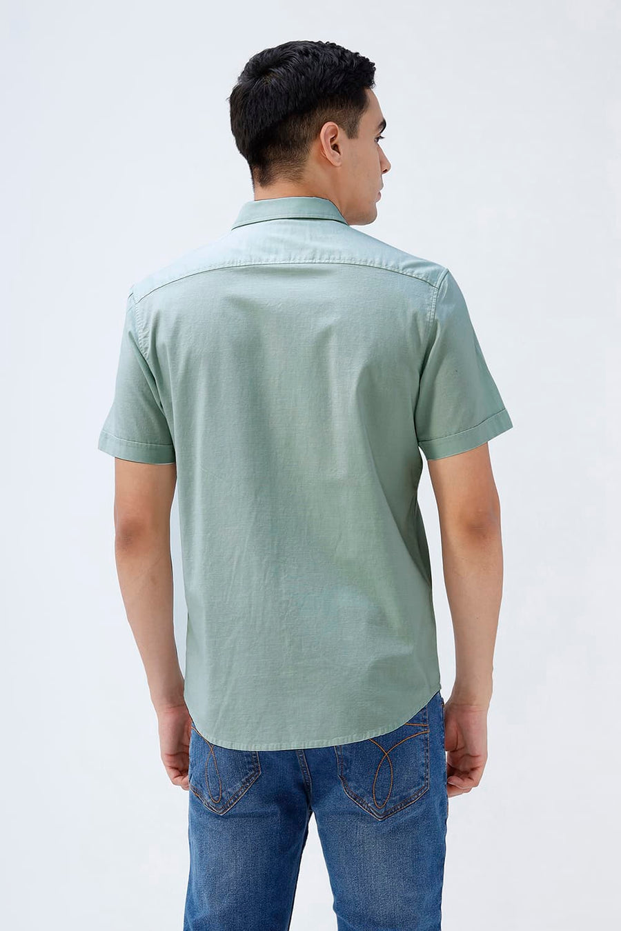 BASICS SLIM FIT BROWN COTTON SLUB DOBBY HALFSLEEVES SHIRT