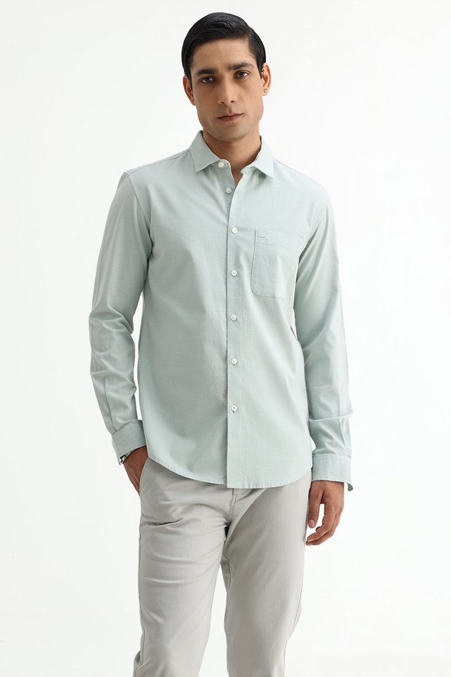 BASICS SLIM FIT BROWN COTTON SLUB DOBBY SHIRT