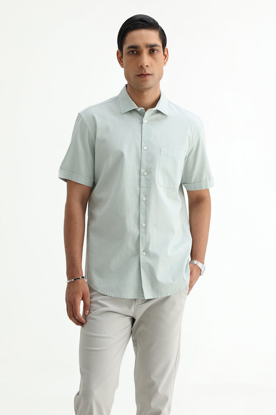 BASICS SLIM FIT BROWN COTTON SLUB DOBBY HALFSLEEVES SHIRT