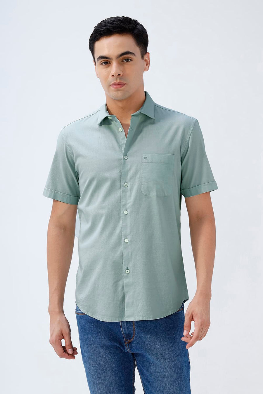 BASICS SLIM FIT BROWN COTTON SLUB DOBBY HALFSLEEVES SHIRT