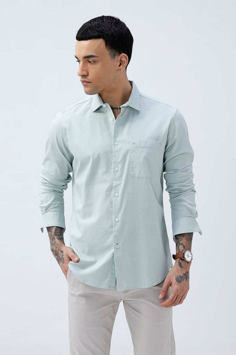 BASICS SLIM FIT BROWN COTTON SLUB DOBBY SHIRT