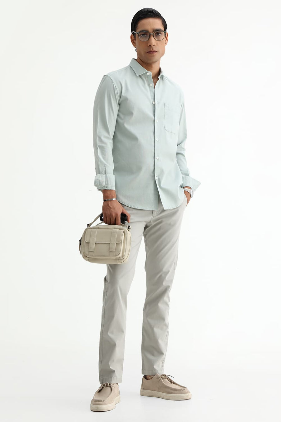 BASICS SLIM FIT BROWN COTTON SLUB DOBBY SHIRT