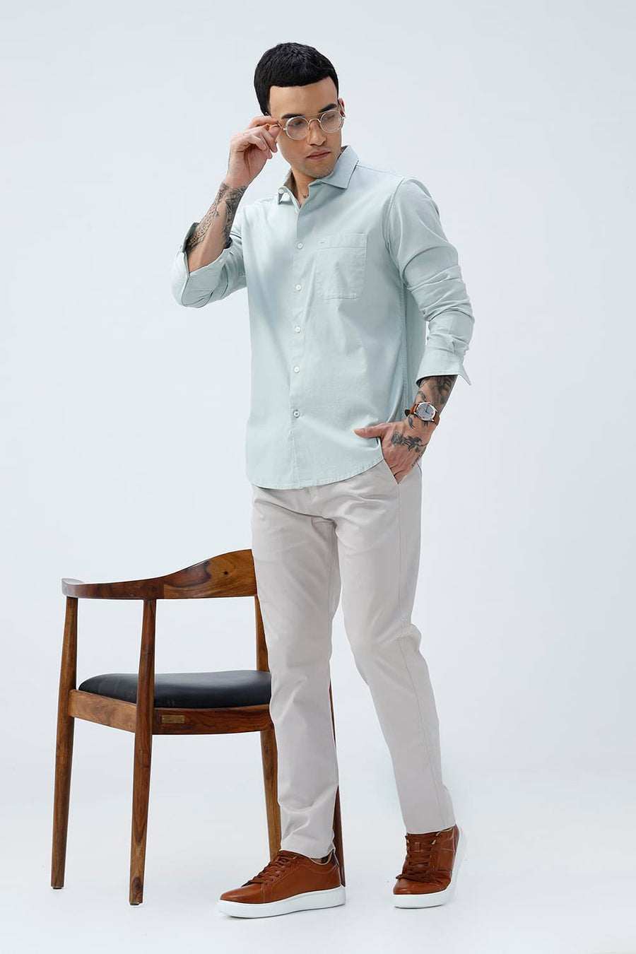 BASICS SLIM FIT BROWN COTTON SLUB DOBBY SHIRT