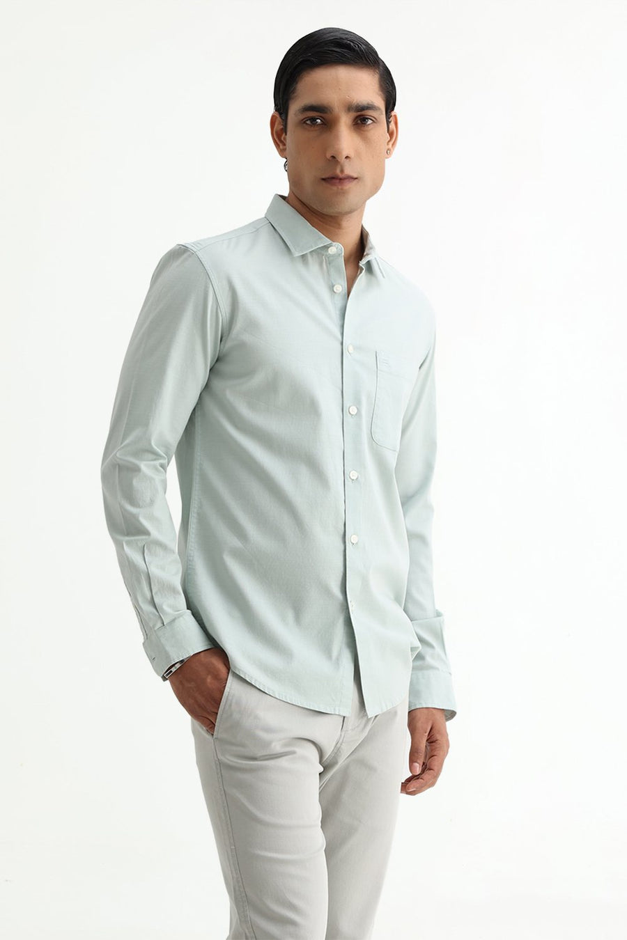 BASICS SLIM FIT BROWN COTTON SLUB DOBBY SHIRT