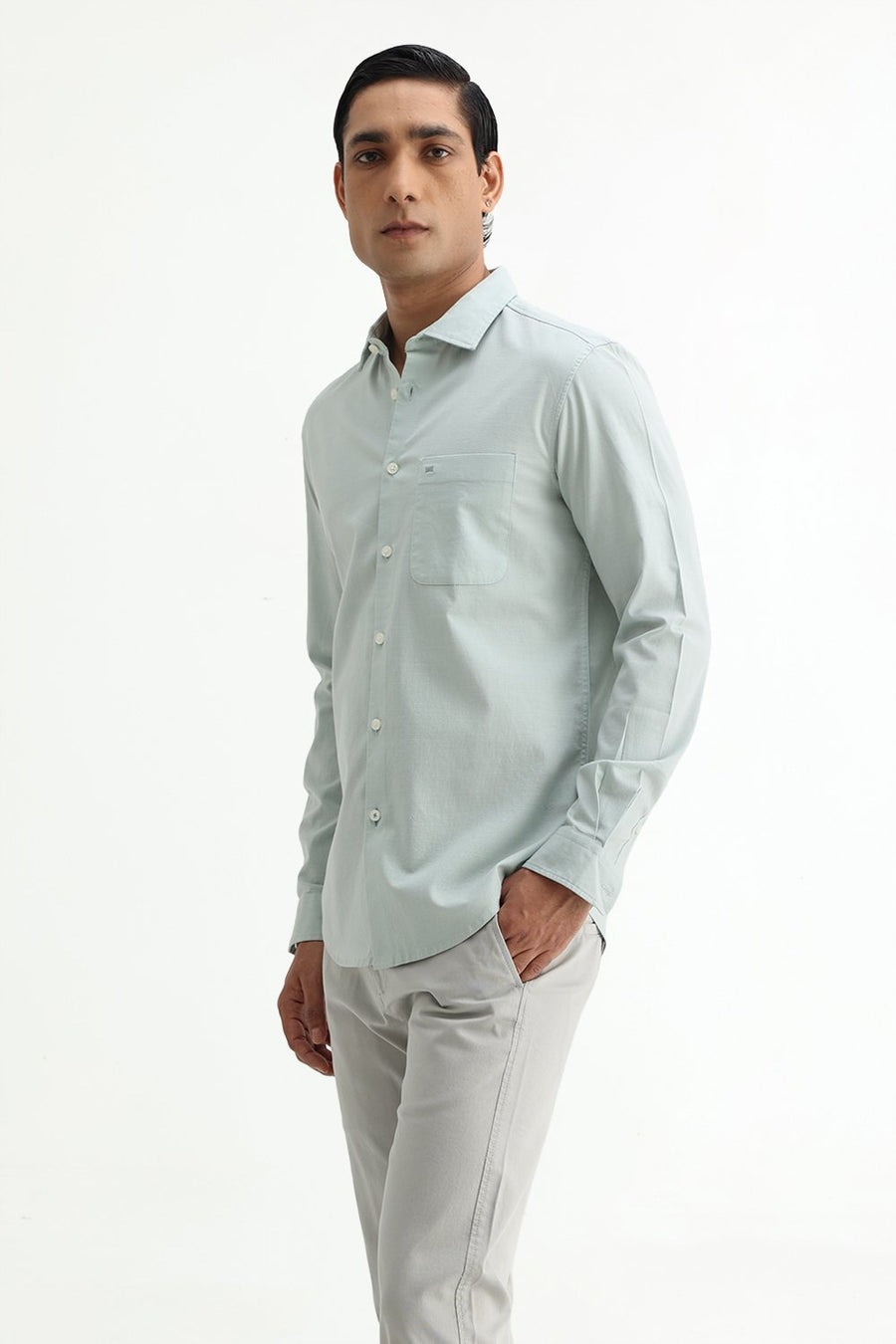 BASICS SLIM FIT BROWN COTTON SLUB DOBBY SHIRT