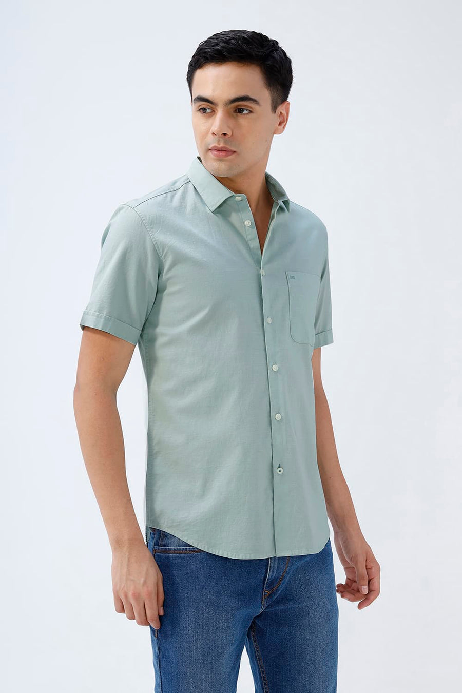 BASICS SLIM FIT BROWN COTTON SLUB DOBBY HALFSLEEVES SHIRT