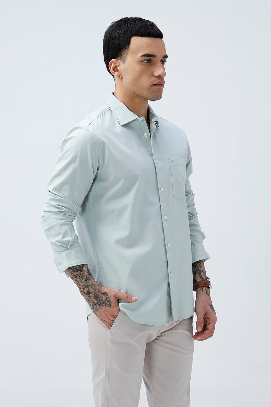 BASICS SLIM FIT BROWN COTTON SLUB DOBBY SHIRT