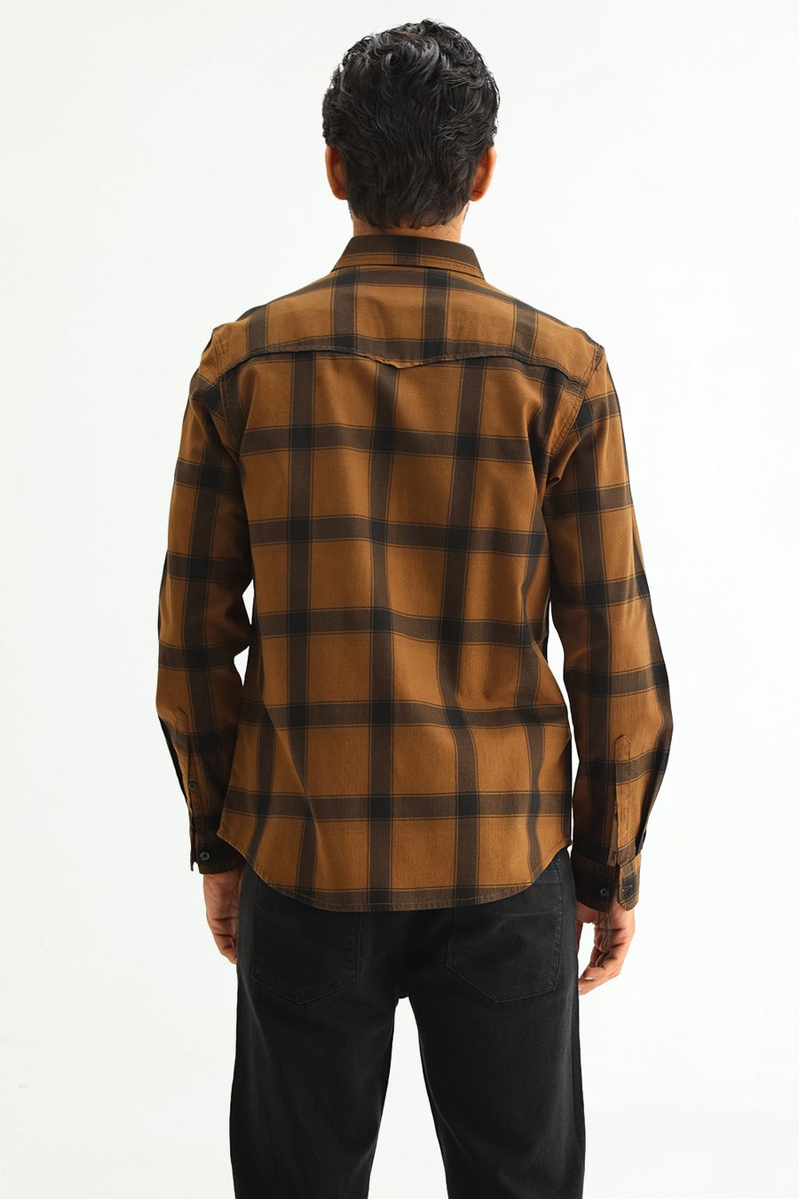 BASICS SLIM FIT TAN COTTON HERRING BONE CHECKS SHIRT