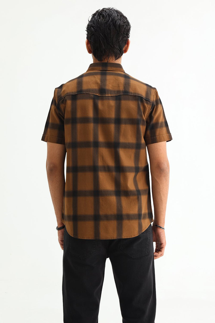 BASICS SLIM FIT TAN COTTON HERRING BONE CHECKS HALFSLEEVES SHIRT