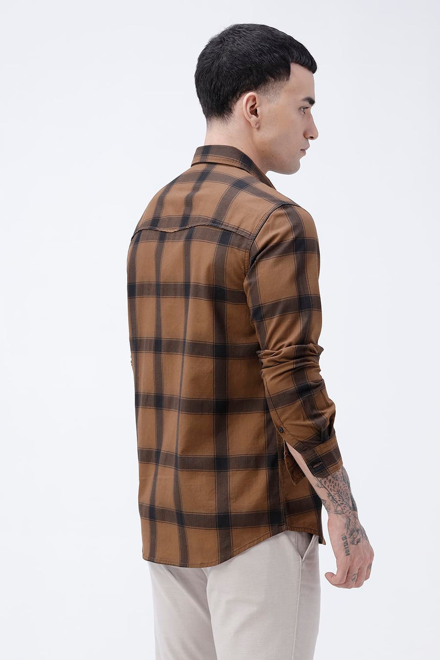 BASICS SLIM FIT TAN COTTON HERRING BONE CHECKS SHIRT
