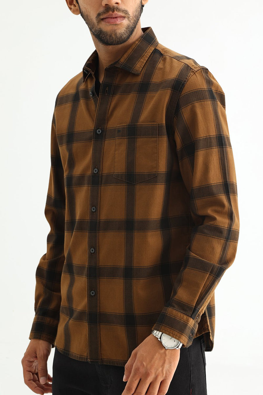 BASICS SLIM FIT TAN COTTON HERRING BONE CHECKS SHIRT